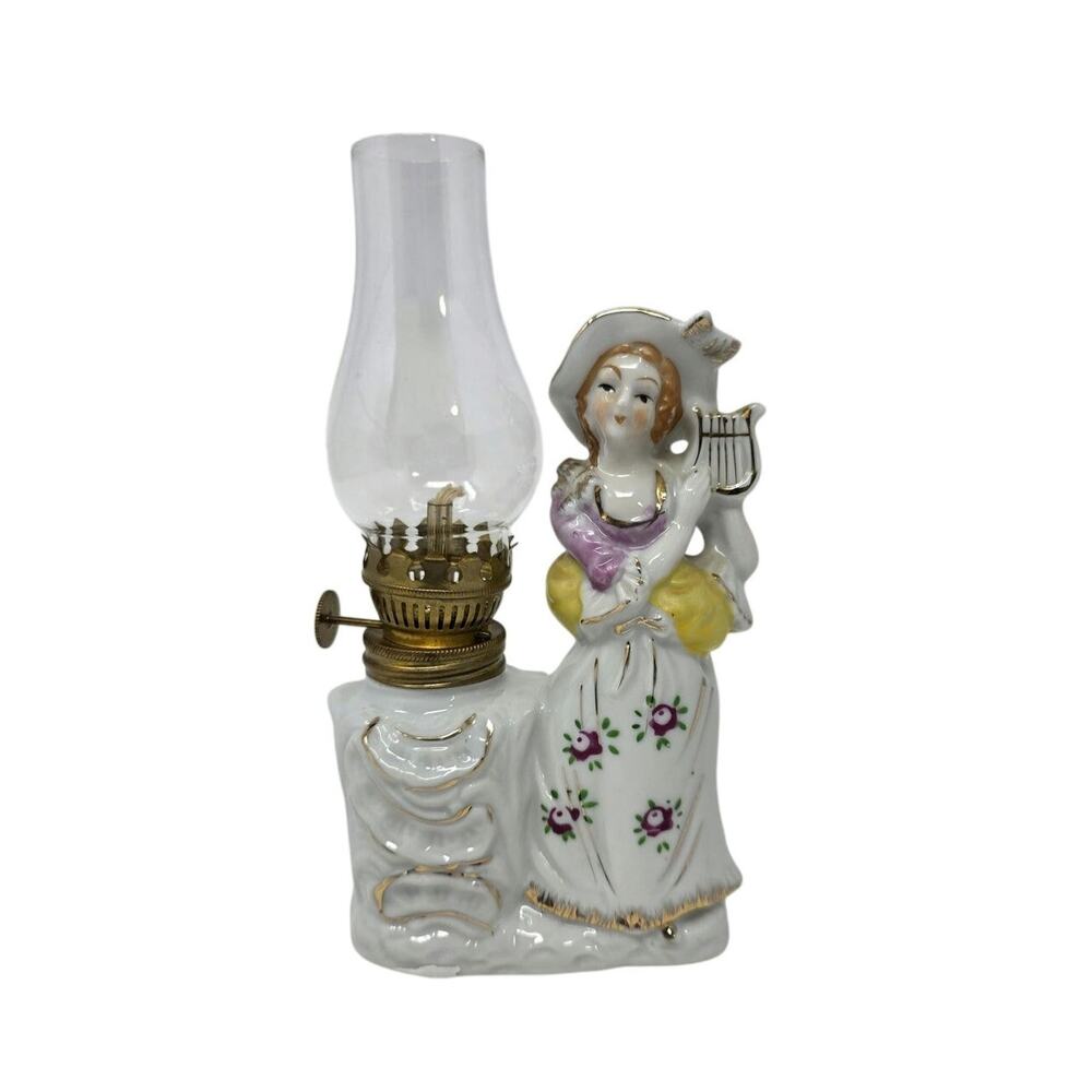 Vintage Porcelain Figural Oil Lamp Lady Playing Lyre Pacific Japan Glass Chimney